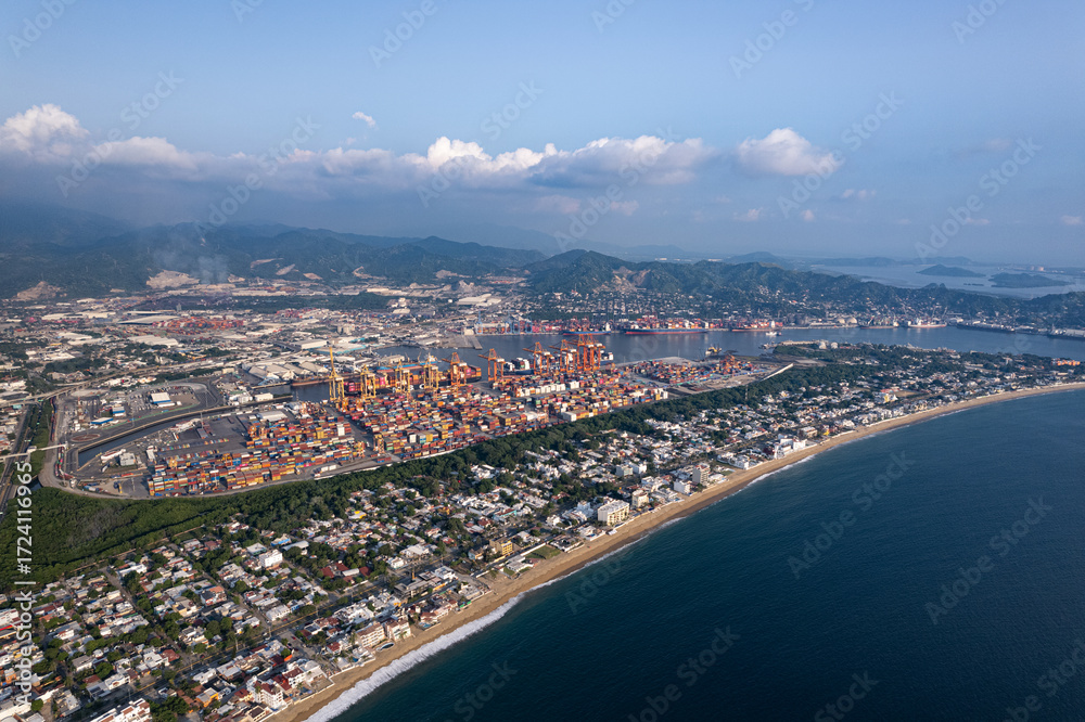 Obraz premium Aerial view of the port of manzanillo, entrance to the port of manzanillo, Manzanillo, Colima, Mexico, November 2, 2024.