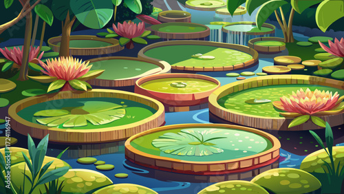 A very beautiful aerial view of giant water lily pads in a pond reveals lush green circles floating gracefully. The tranquil scene captures delicate reflections, vibrant textures, and serene water, 