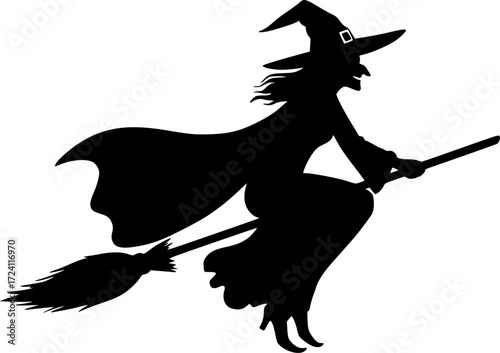 flying witch logo silhouette vector, witch on broom logo vector silhouette illustration, flying witch silhouette design, halloween flying witch on broom logo silhouette vector on white background