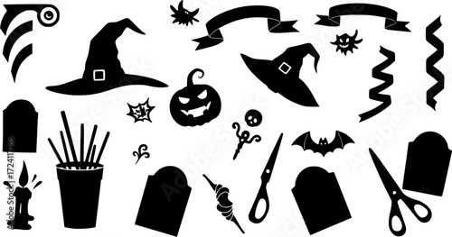 Set of graffiti spray pattern. Collection of halloween symbol, ghost, spider, cobweb, pumpkin with spray texture. Elements on white background for sticker, banner, decoration, street art, halloween.