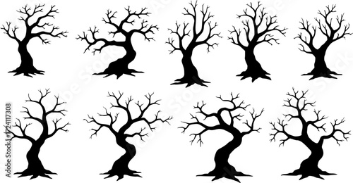 Haunted trees vector cartoon illustration. Collection of eerie, bare, and twisted scary tree in black and white.
