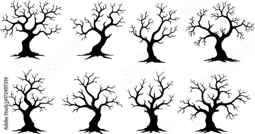 Haunted trees vector cartoon illustration. Collection of eerie, bare, and twisted scary tree in black and white.
