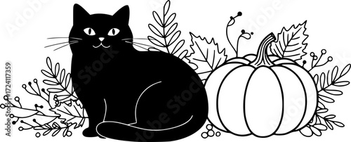 Minimalist halloween charm: black cat nestled among autumn foliage and pumpkin, suitable for various art and design purposes
