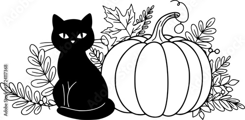 Minimalist halloween charm: black cat nestled among autumn foliage and pumpkin, suitable for various art and design purposes
