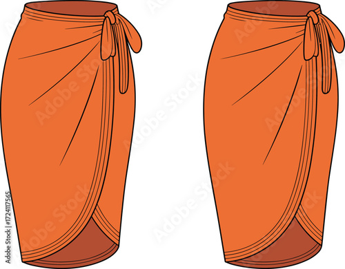 Wrap skirt fashion flat, draped skirt CAD template, women’s apparel technical drawing with side bow tie, skirt design vector outline sketch
