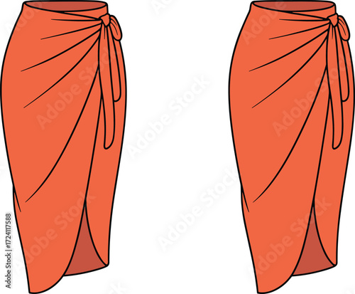 Wrap skirt flat sketch, draped skirt technical drawing, women’s fashion CAD template with side bow tie, skirt vector apparel design outline