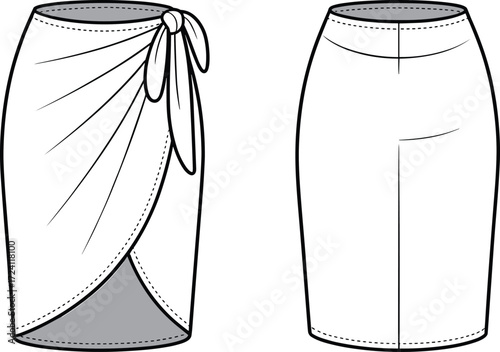 Wrap skirt flat sketch, women’s skirt technical drawing, fashion CAD template with side bow tie, draped wrap skirt vector outline