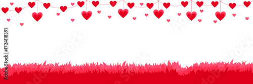 Vector frame banner for Valentine's Day and weddings. Pink garland of hearts and pink grass for a Valentine's Day border or frame.