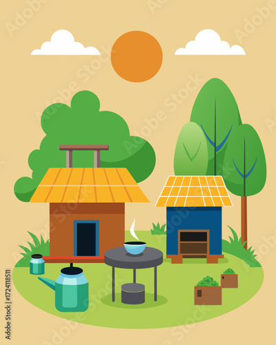 A solarpowered community kitchen allowing for clean and safe cooking in a village with limited access to fuel sources.. Vector illustration