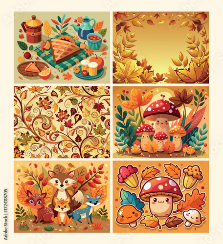 Enchanting autumn scenes and patterns featuring woodland creatures and cozy elements