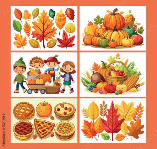 Autumn harvest celebration collage featuring pumpkins leaves pies and children