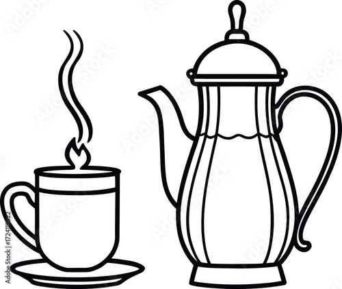 Minimal line art of a steaming coffee cup placed beside a classic teapot
