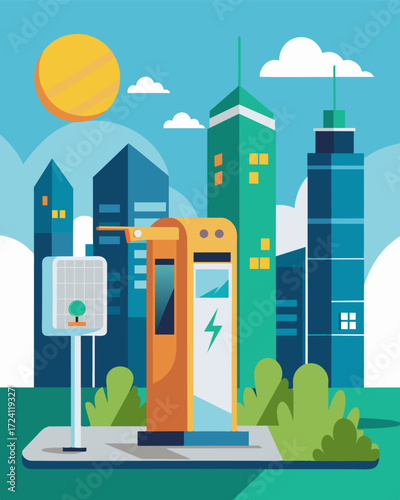A sleek modern charging station in a downtown plaza uses renewable energy to power the devices of busy city workers and tourists.. Vector illustration