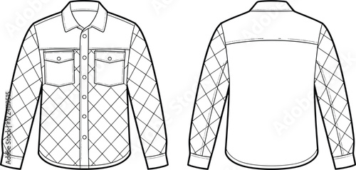 Men’s button-up shirt flat sketch with front pockets, long sleeves, collar, technical fashion CAD drawing, black and white apparel vector