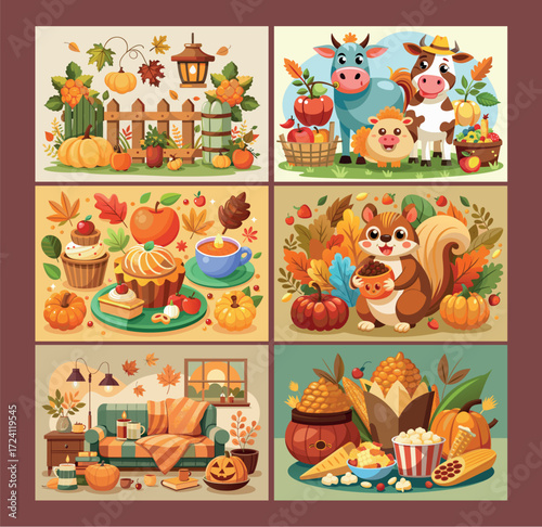 Charming autumn scenes featuring cute animals fall harvest and cozy home decor for seasonal enjoyment
