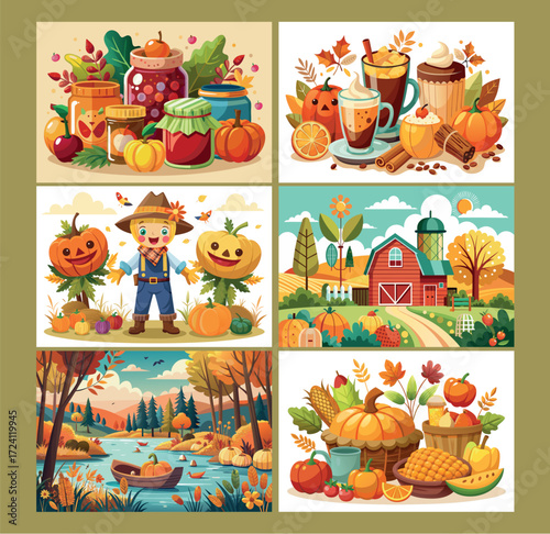 Harvest autumn season collage featuring pumpkins scarecrows jars and cozy drinks
