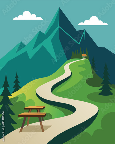A winding hiking trail leads to a hidden mountain lookout where an isolated picnic table serves as an unconventional but inspiring workspace.. Vector illustration