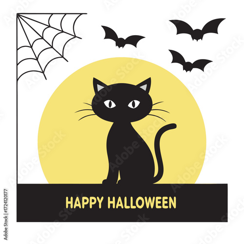 Happy halloween with black cat silhouette and cat and bats