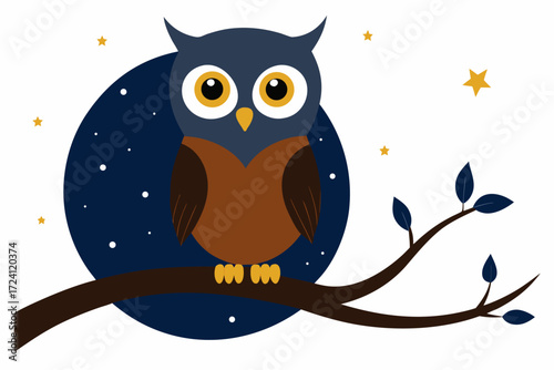 A wise owl sitting on a tree branch at night