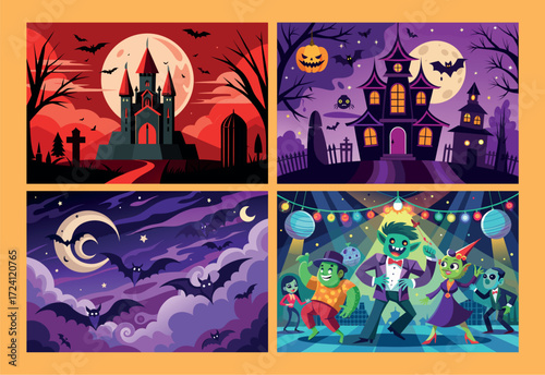 Spooky halloween scenes four panel art featuring haunted houses and costumed characters