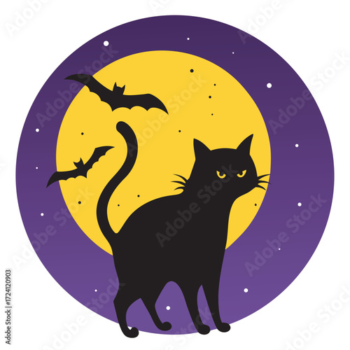 Happy halloween with black cat silhouette and bats