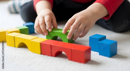 Child playing with colorful wooden building blocks on the floor.