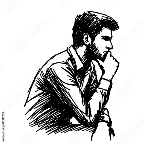 Young man in deep thought with hand on chin in profile view  