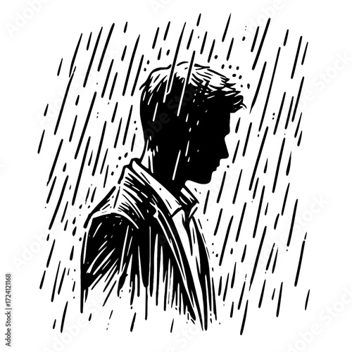 Young man standing in rain with serious expression in silhouette  