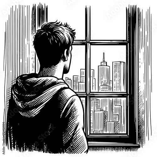 Young man looking out the window at city skyline in black and white  