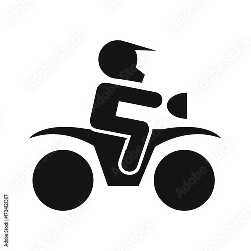 Simple black silhouette icon of a person riding an all terrain vehicle or quad bike wearing a helmet