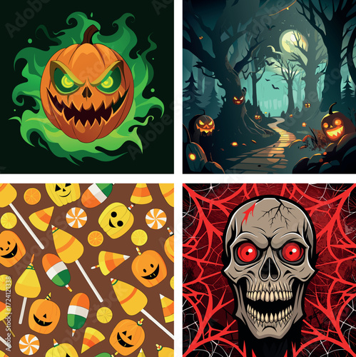 Scary halloween collage featuring jack-o-lantern skull spooky forest and candy corn