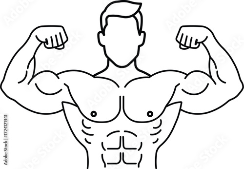 Strong Bodybuilder Vector Icon with Thin Outline Gym, Fitness, Workout, Muscle Training, and Sport Symbol for Health and Strength Design