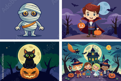 Four adorable halloween scenes featuring a mummy vampire cat and spooky house