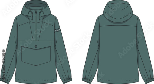 Colored pullover jacket flat sketch, half zip technical hoodie with drawstring hood and flap pocket, unisex outerwear fashion vector, streetwear apparel CAD template