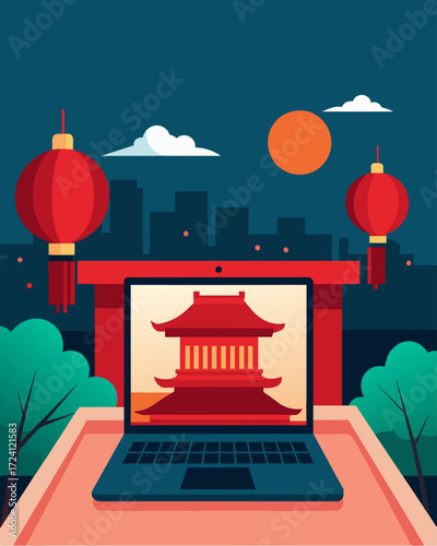 A laptop propped up on a balcony of a traditional Chinese courtyard with red lanterns and a serene garden in the foreground.. Vector illustration