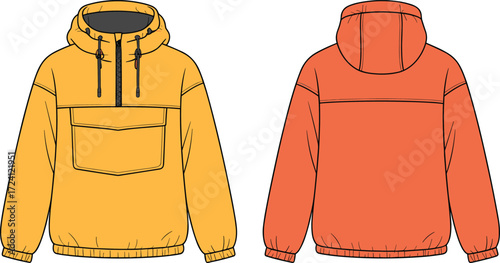 Colored pullover hoodie fashion flat sketch, half zip sweatshirt with drawstring hood and kangaroo pocket, unisex streetwear fleece top apparel CAD template