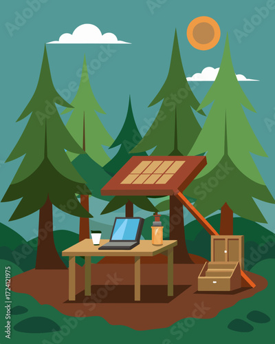 A rustic work area in the middle of a forest powered by a large solar panel propped up against a tree.. Vector illustration