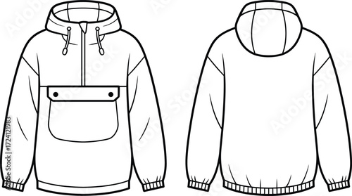 Pullover hoodie fashion flat sketch, half zip sweatshirt with drawstring hood and kangaroo pocket, unisex streetwear apparel CAD drawing template