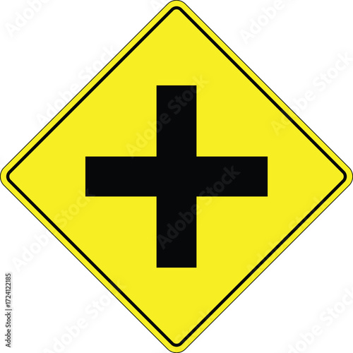 Crossroad ahead warning sign vector. Black cross in yellow diamond