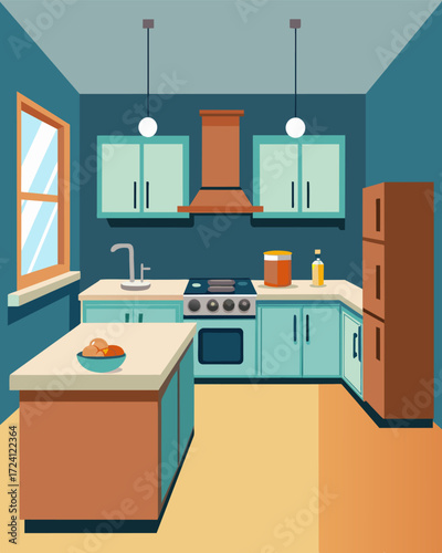 A spacious and modern kitchenette equipped with granite countertops and all necessary appliances offers the perfect setup for cooking meals and entertaining guests.. Vector illustration