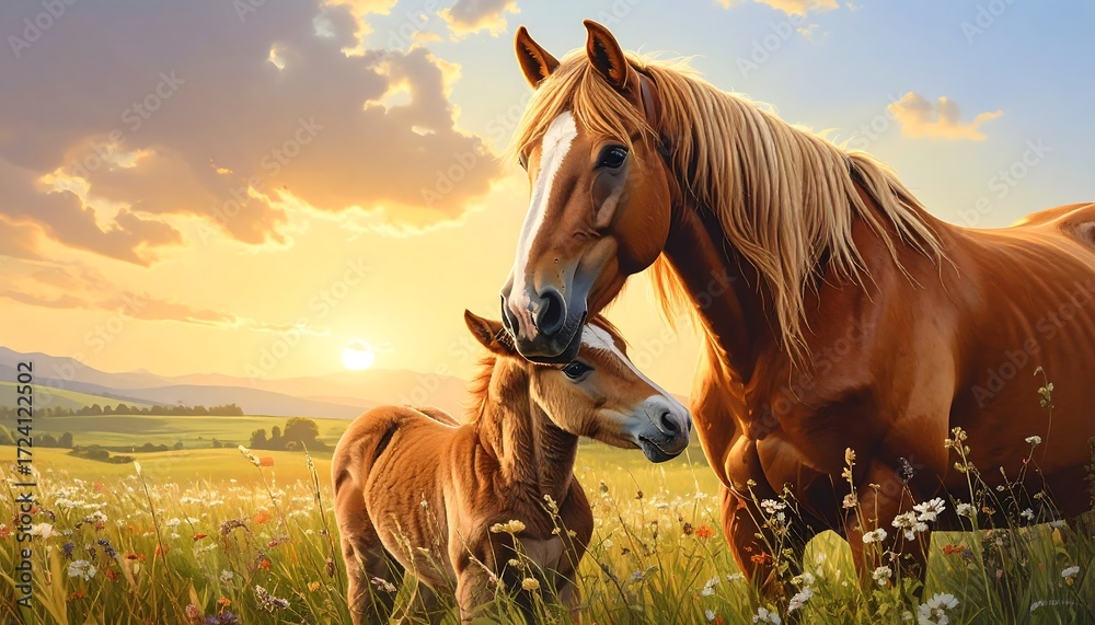 Obraz premium Mother horse and foal at sunset (1)