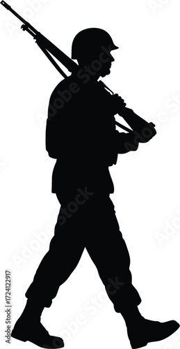 Silhouette of soldier marching with rifle over shoulder silhouette