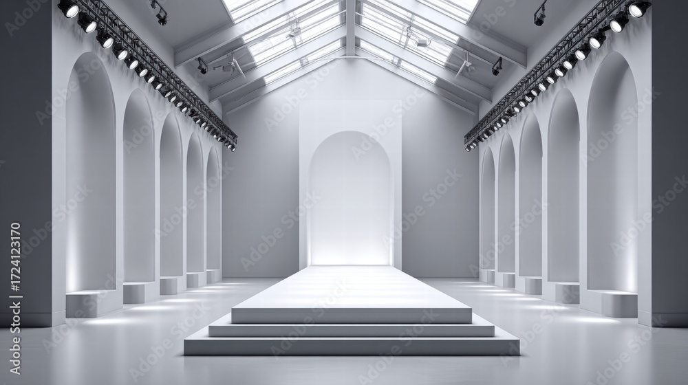 Obraz premium Empty fashion runway stage with bright lights and architectural design.