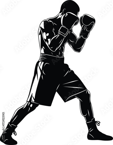Dynamic boxing silhouette in fighting stance ready to strike silhouette