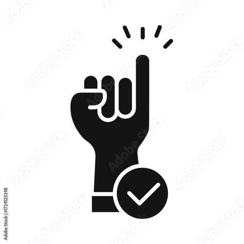Black silhouette of a hand making a pinky promise gesture with a checkmark symbol indicating agreement or confirmation