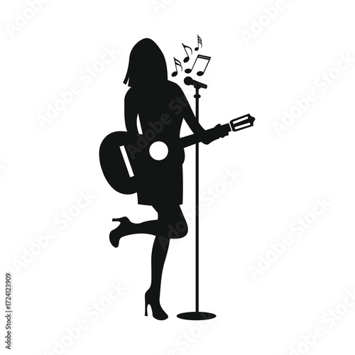 Silhouette of a female musician playing guitar and singing into a microphone with musical notes