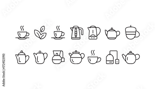 Collection of line art icons for tea and coffee drinks
