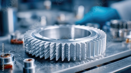 Shiny steel gear detail on industrial table closeup