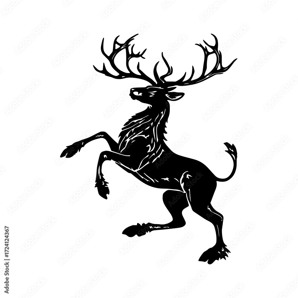 Obraz premium Majestic stag rearing up with impressive antlers, a powerful symbol of nature and strength, rendered in a striking black silhouette against a clean backdrop.