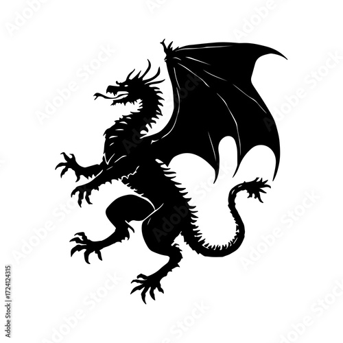 Majestic black silhouette of a winged dragon in a dynamic pose, symbolizing power, fantasy, and mythology